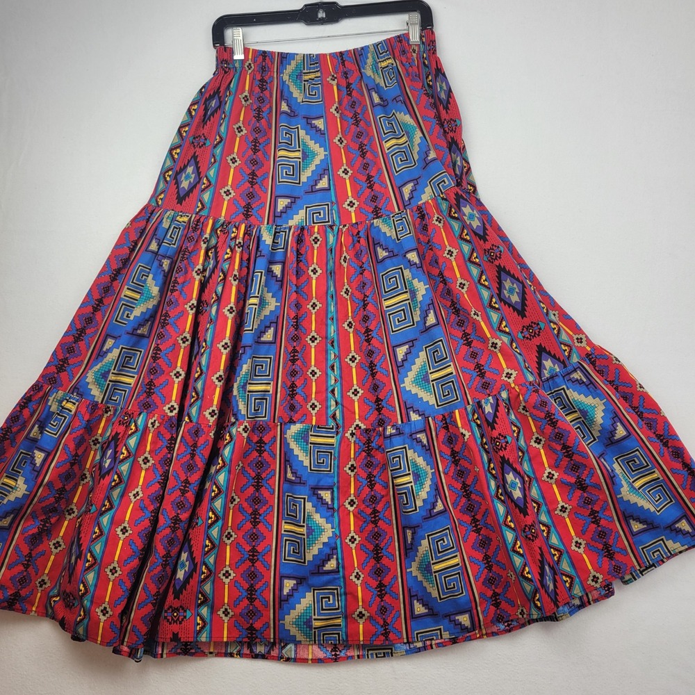 VTG Tiered Maxi Skirt Southwestern Tribal Print Cotton Medium Tarango‎ Full - Picture 6 of 9
